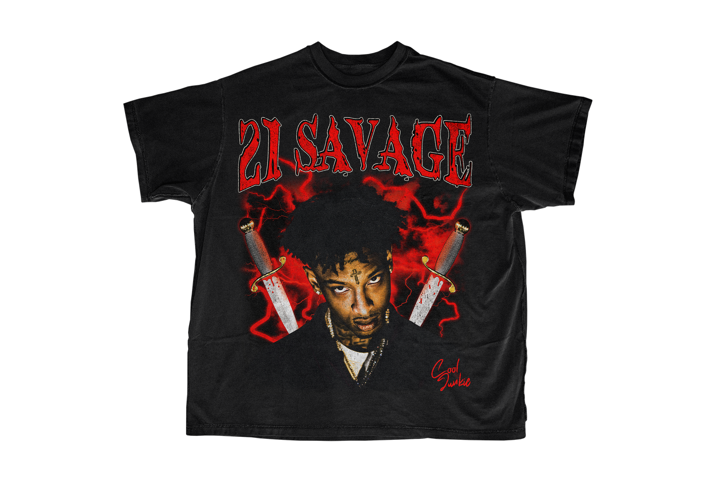 21 Savage Black Tee with red as the main color in the design