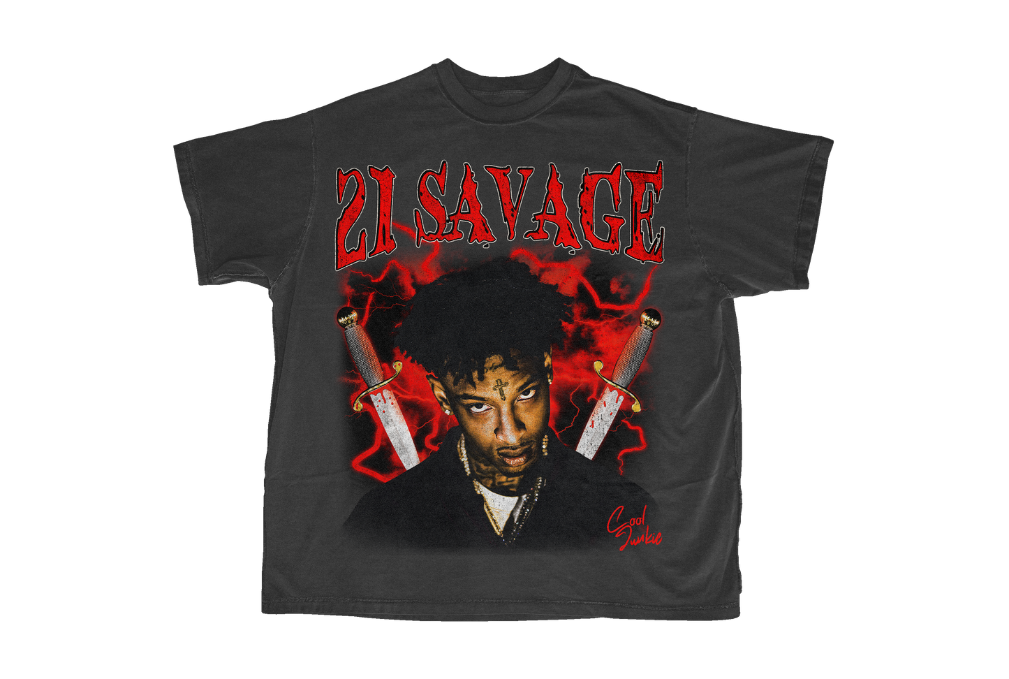 21 Savage Grey Tee with red as the main color in the design