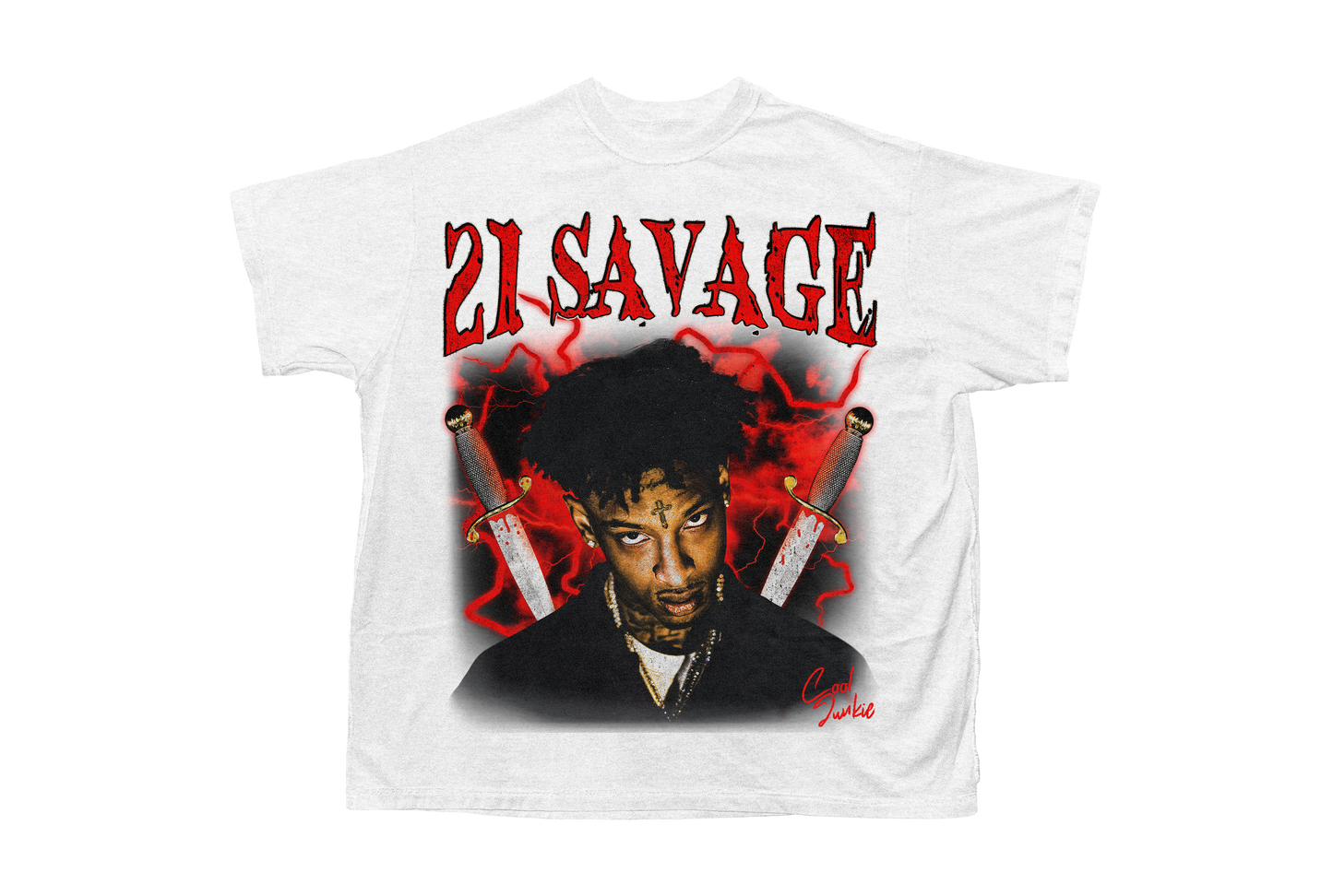 21 Savage white Tee with red as the main color in the design