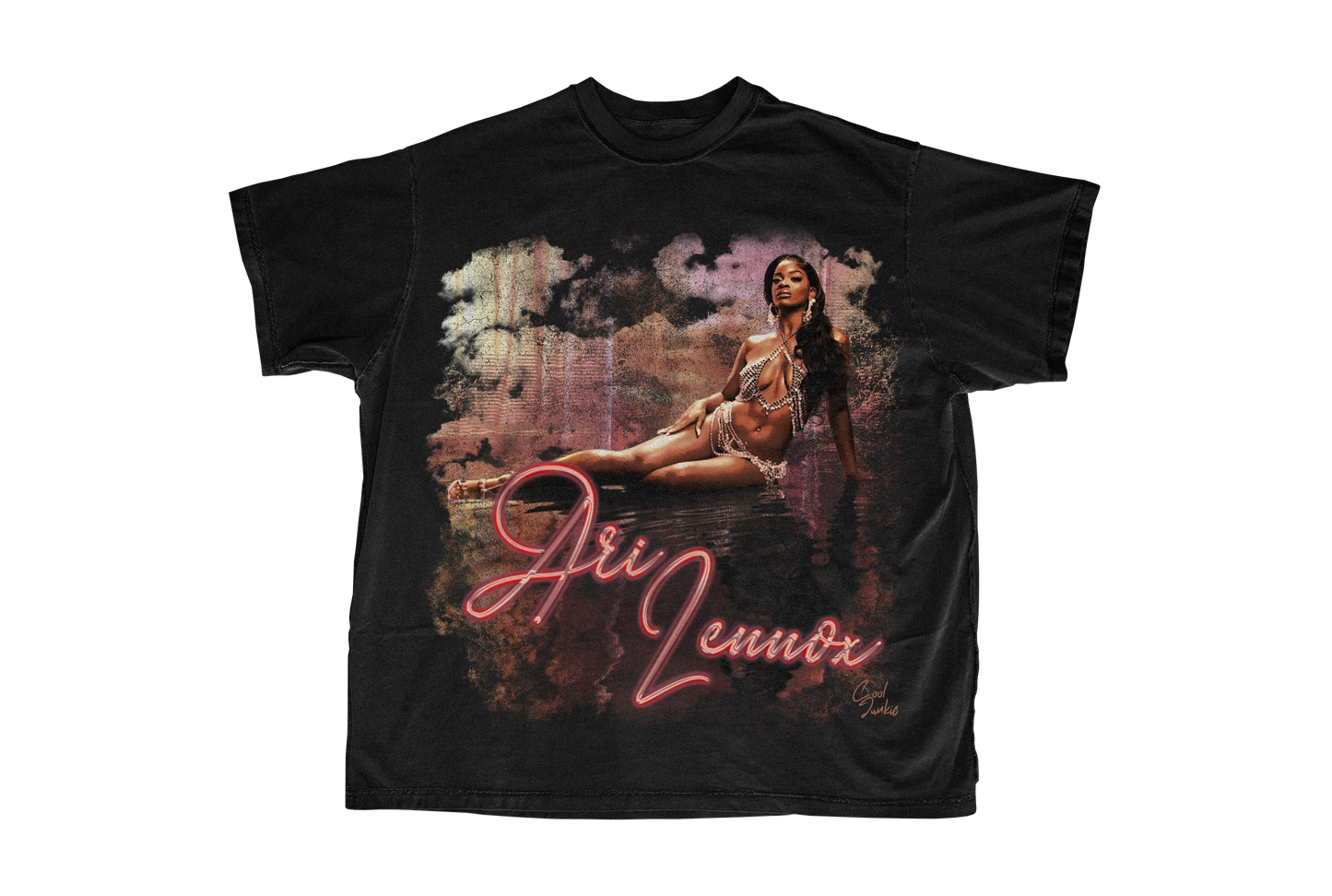 Ari Lennox tee in black with pink and light purple as the main colors in the design