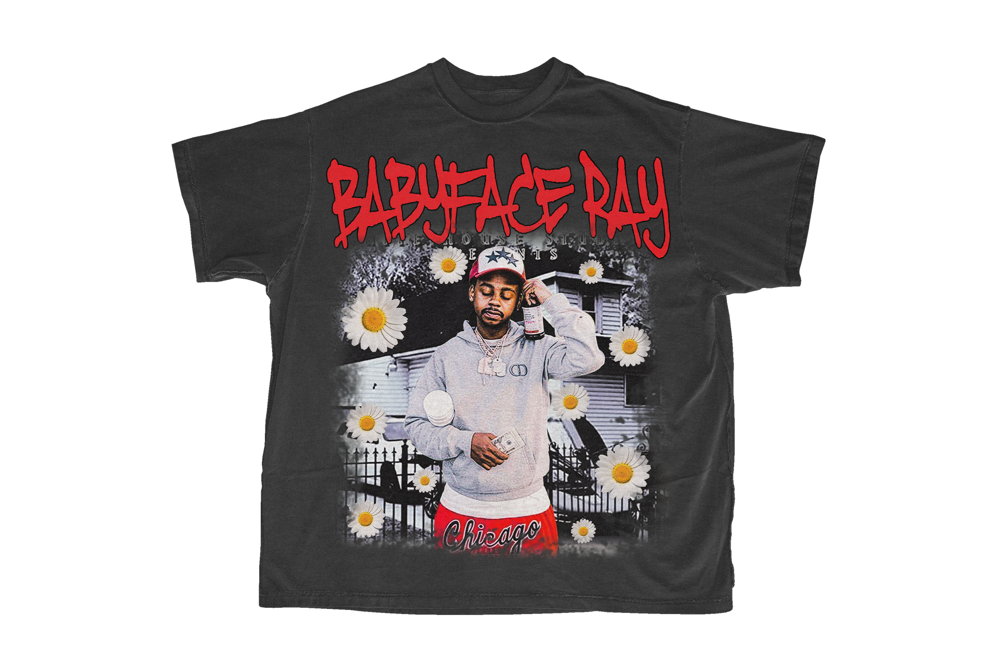 Babyface ray on a grey tee with red and white as the main colors in the design