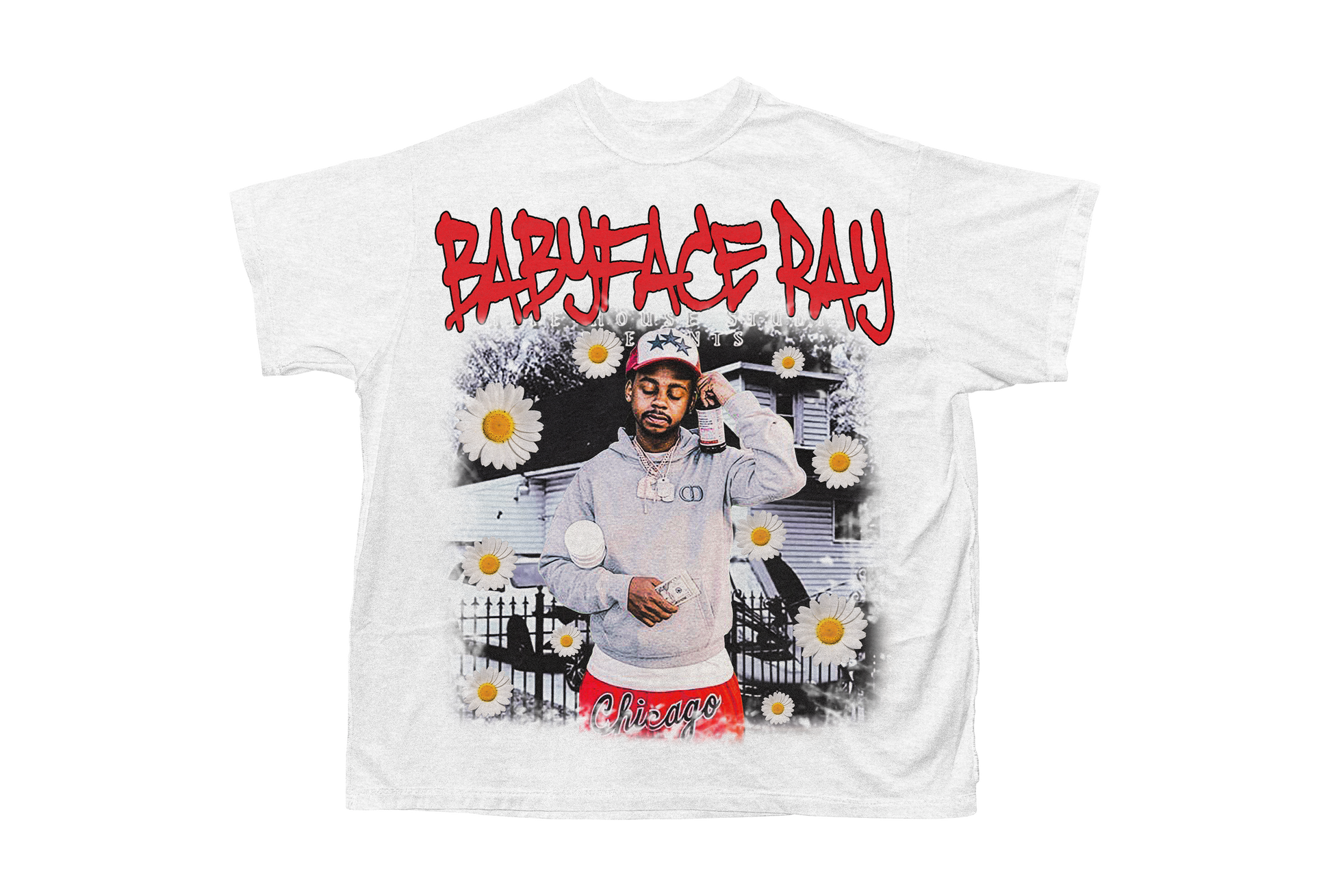 Babyface ray on a white tee with red and white as the main colors in the design