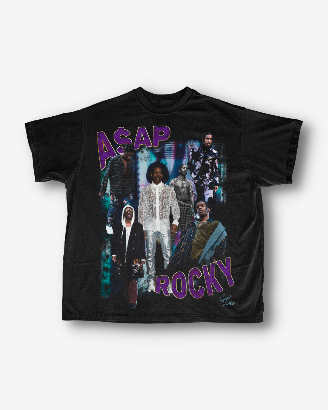 Black A$AP Rocky Tee with purple and blue as the main colors in the design
