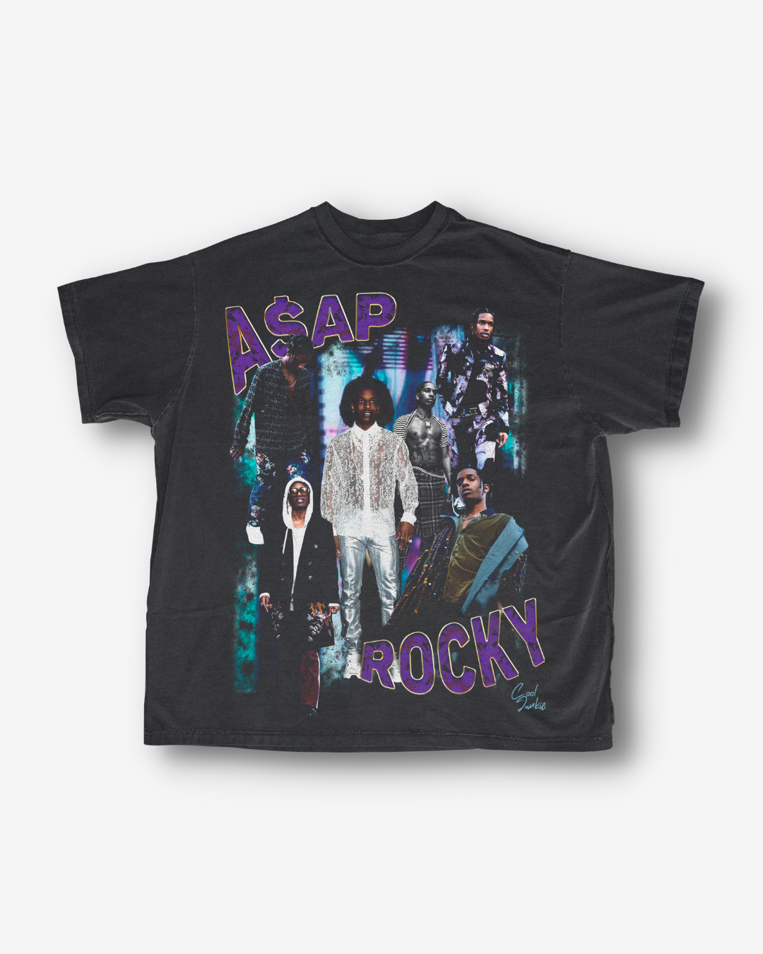 Grey A$AP Rocky Tee with purple and blue as the main colors in the design