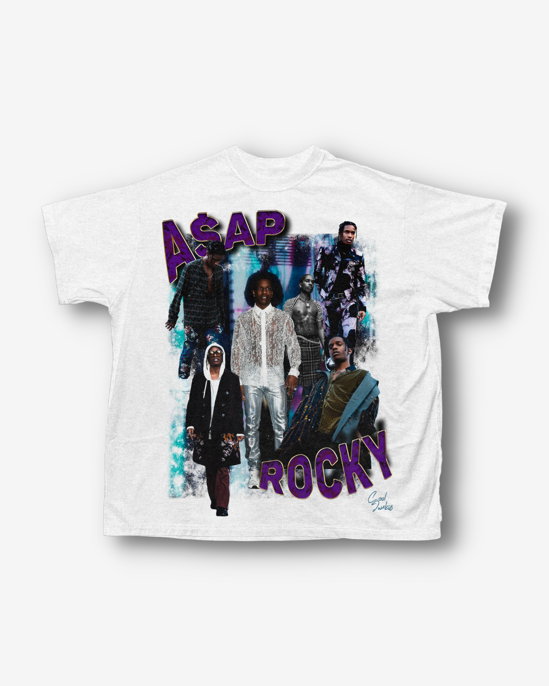 White A$AP Rocky Tee with purple and blue as the main colors in the design
