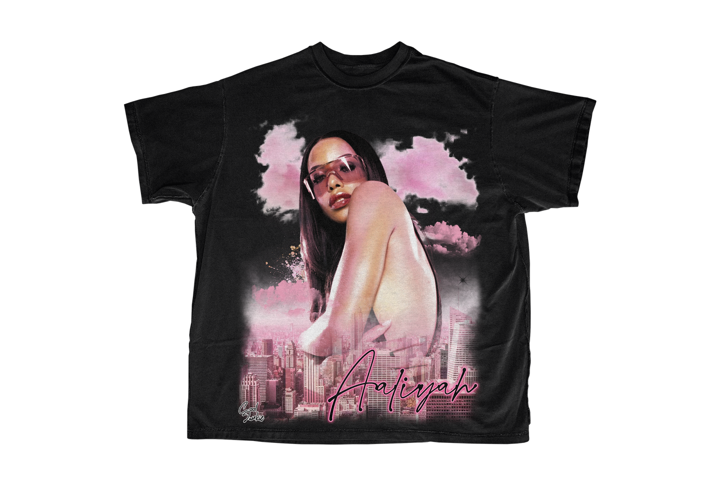 Aaliyah tee in black with pink as the main design