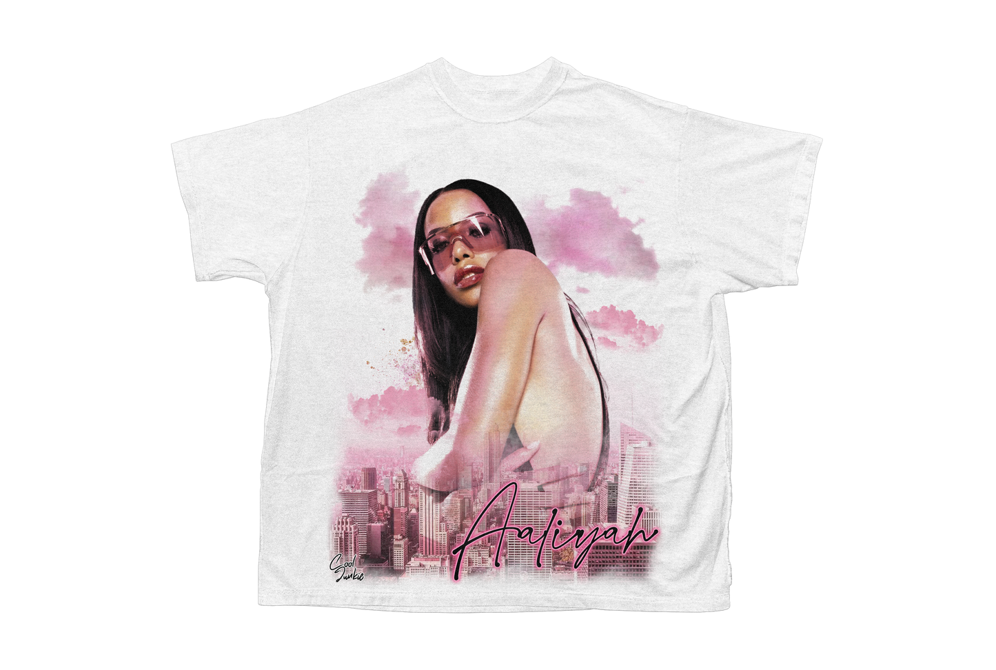 White Aaliyah tee with pink as the main design