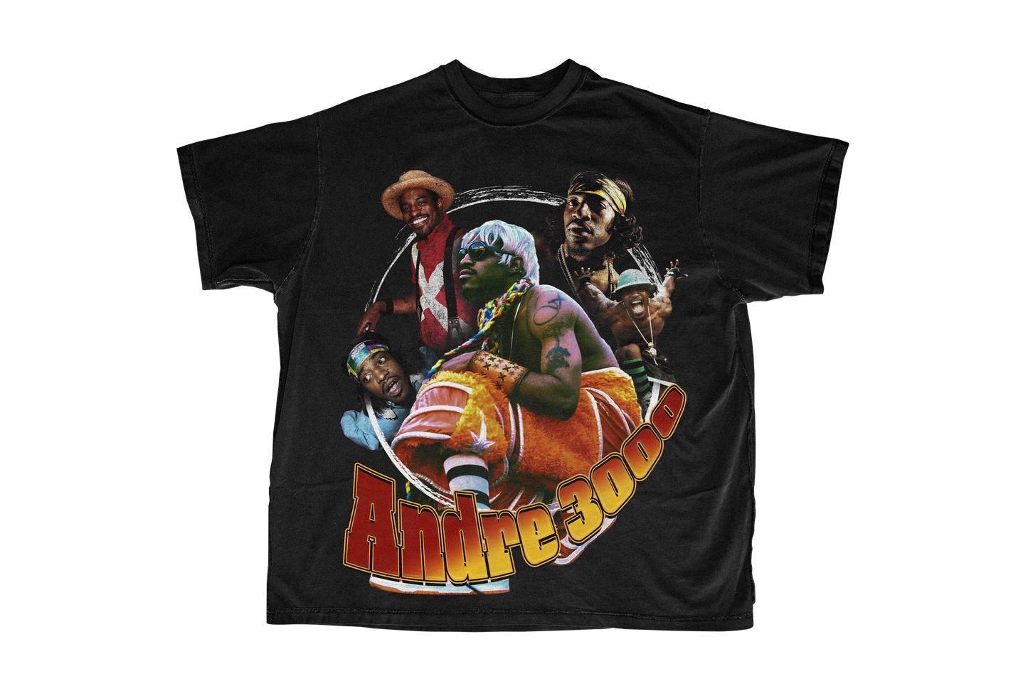 Andre 3000 tee in black with orange as the main design