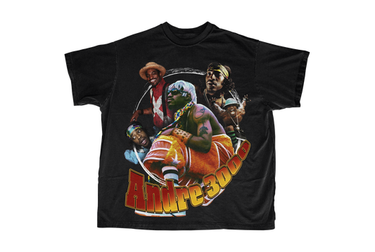 Andre 3000 tee in black with orange as the main design