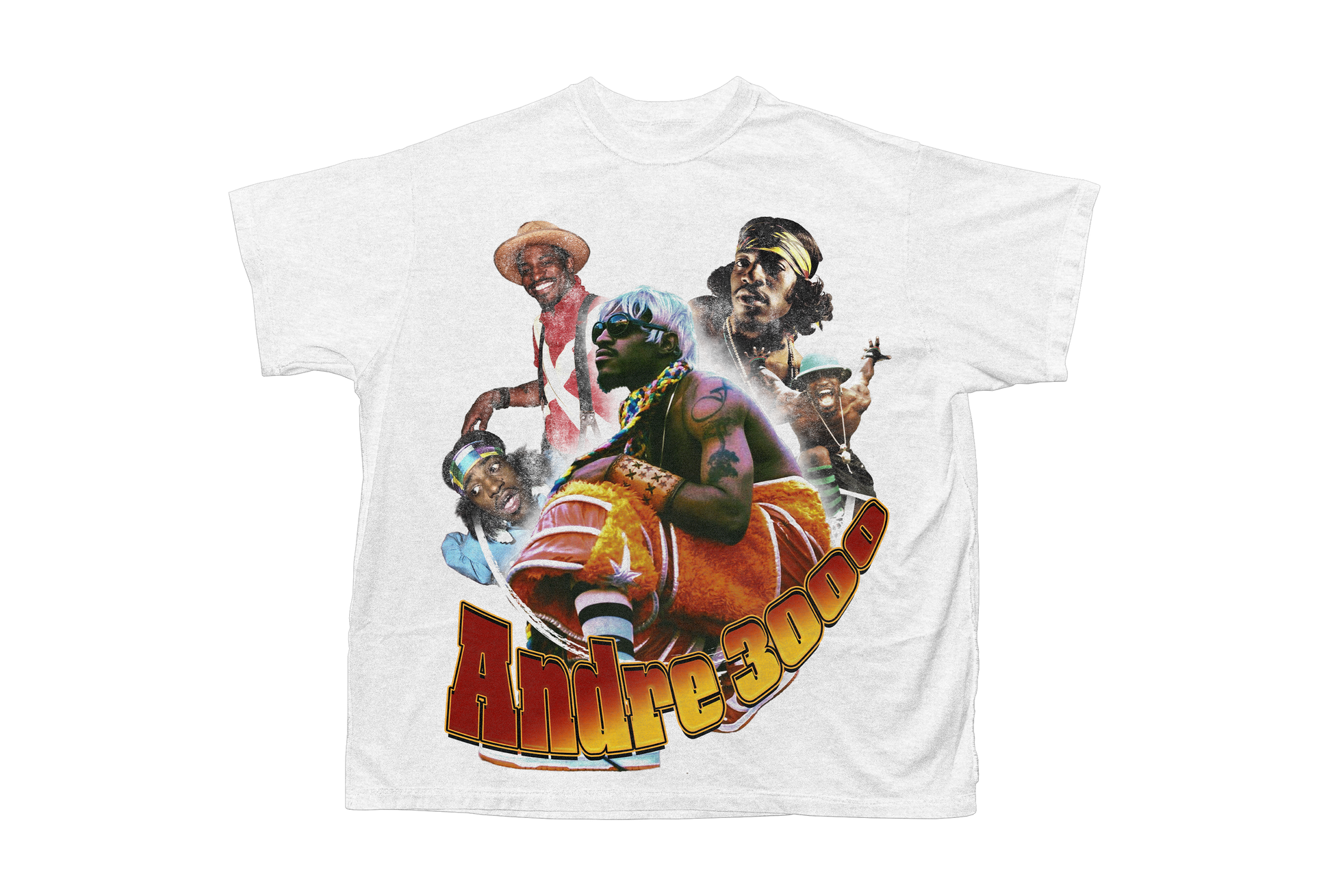 Andre 3000 tee in white with orange as the main design